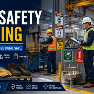 Industrial workshop workers following shop safety training procedures with PPE and safety equipment in a safe workplace