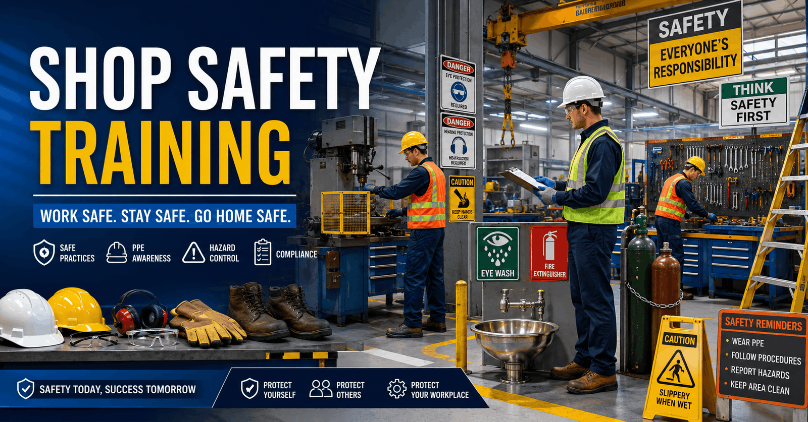 Industrial workshop workers following shop safety training procedures with PPE and safety equipment in a safe workplace
