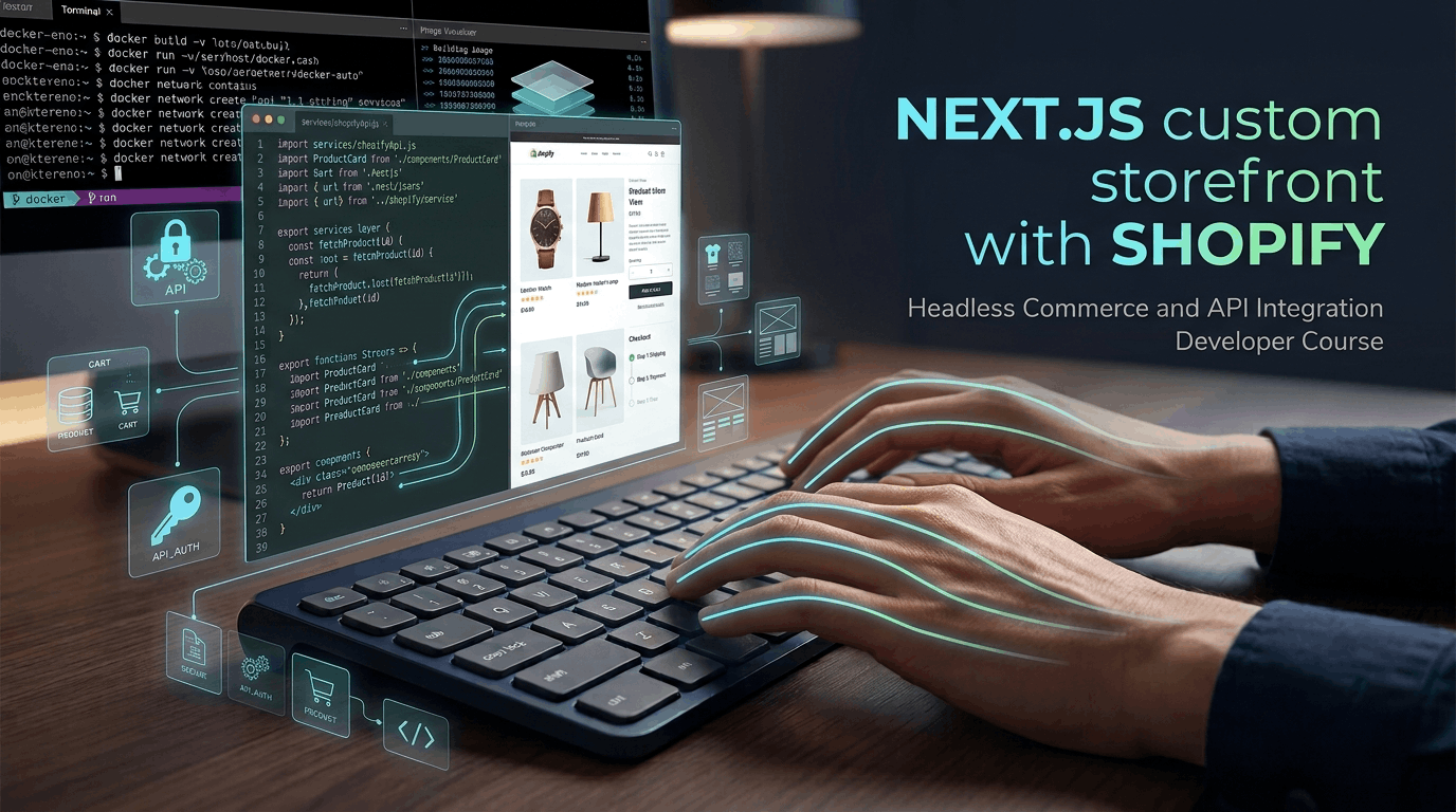Shopify Developer Course image showing Next.js code, API connections, products, shopping cart and custom storefront development.