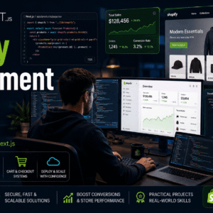 Professional Shopify development course banner showing Next.js ecommerce store development and coding dashboard