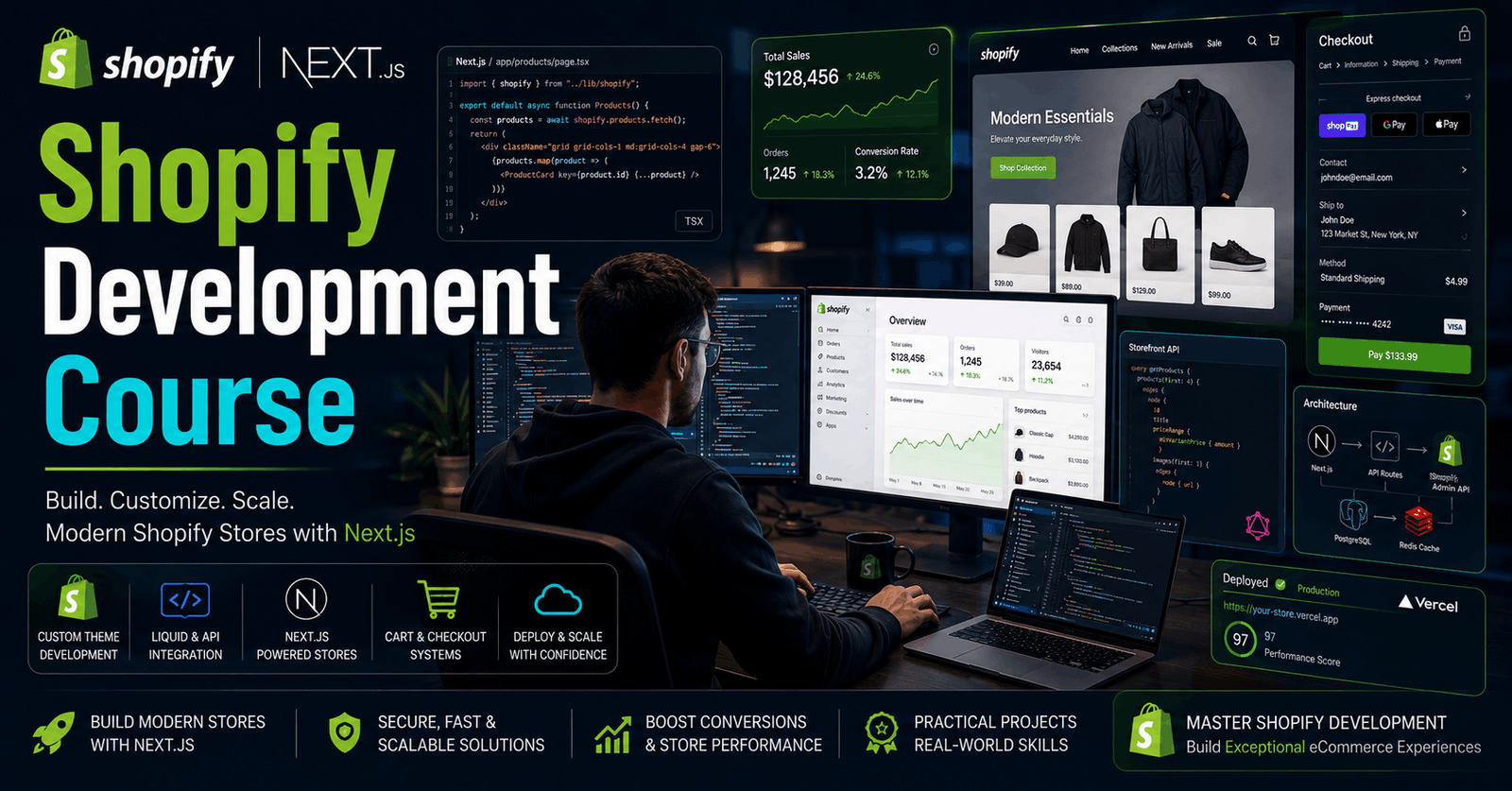 Professional Shopify development course banner showing Next.js ecommerce store development and coding dashboard