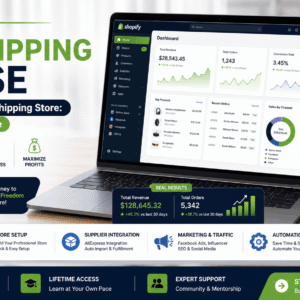 Professional Shopify dropshipping course banner showing ecommerce store setup and online product selling dashboard