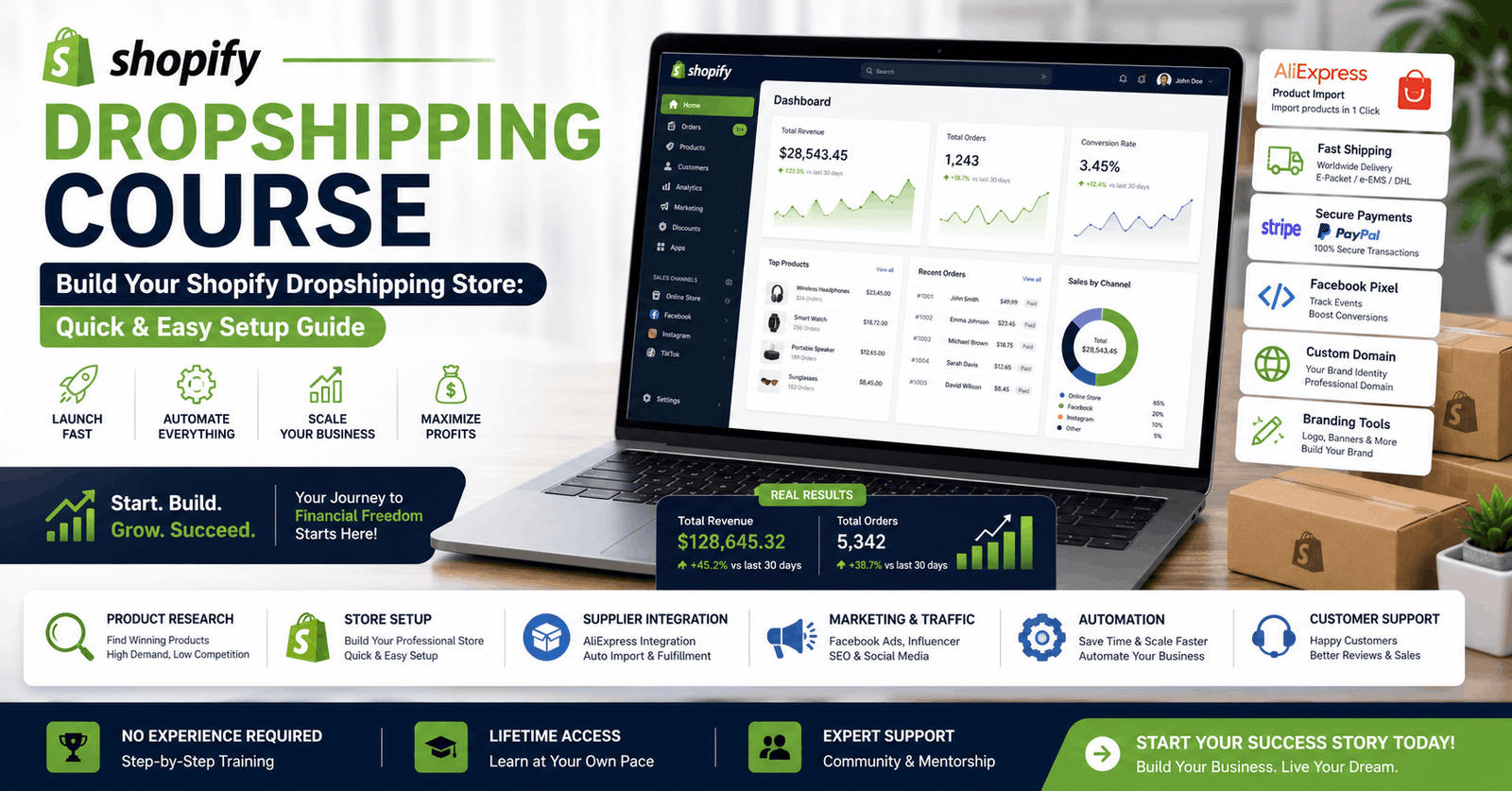 Professional Shopify dropshipping course banner showing ecommerce store setup and online product selling dashboard