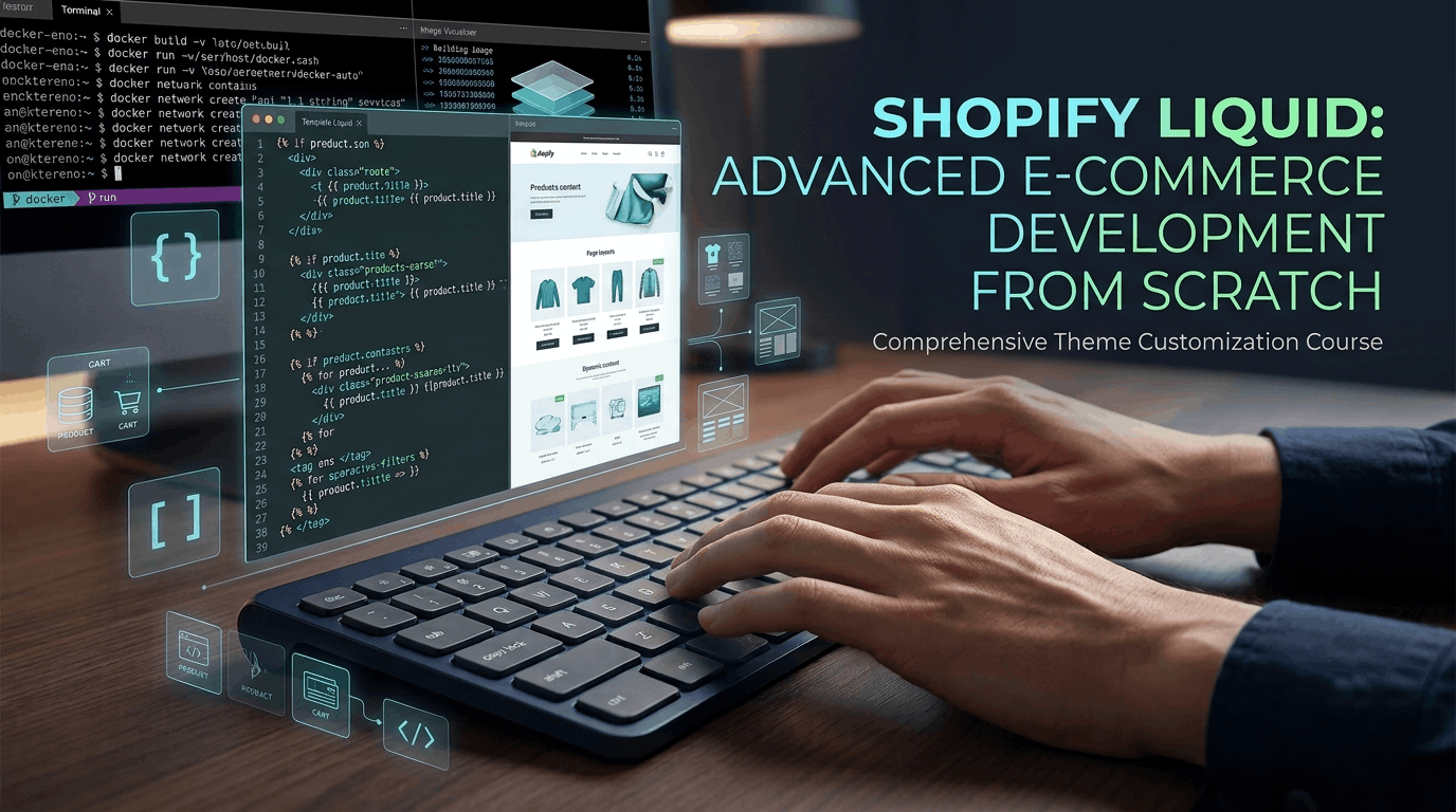 Shopify Liquid Course image showing theme code, template objects, tags, loops and an e-commerce storefront preview.