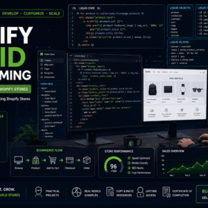 Shopify Liquid Course showing Liquid code, Shopify theme development, objects, tags, filters, and ecommerce customization