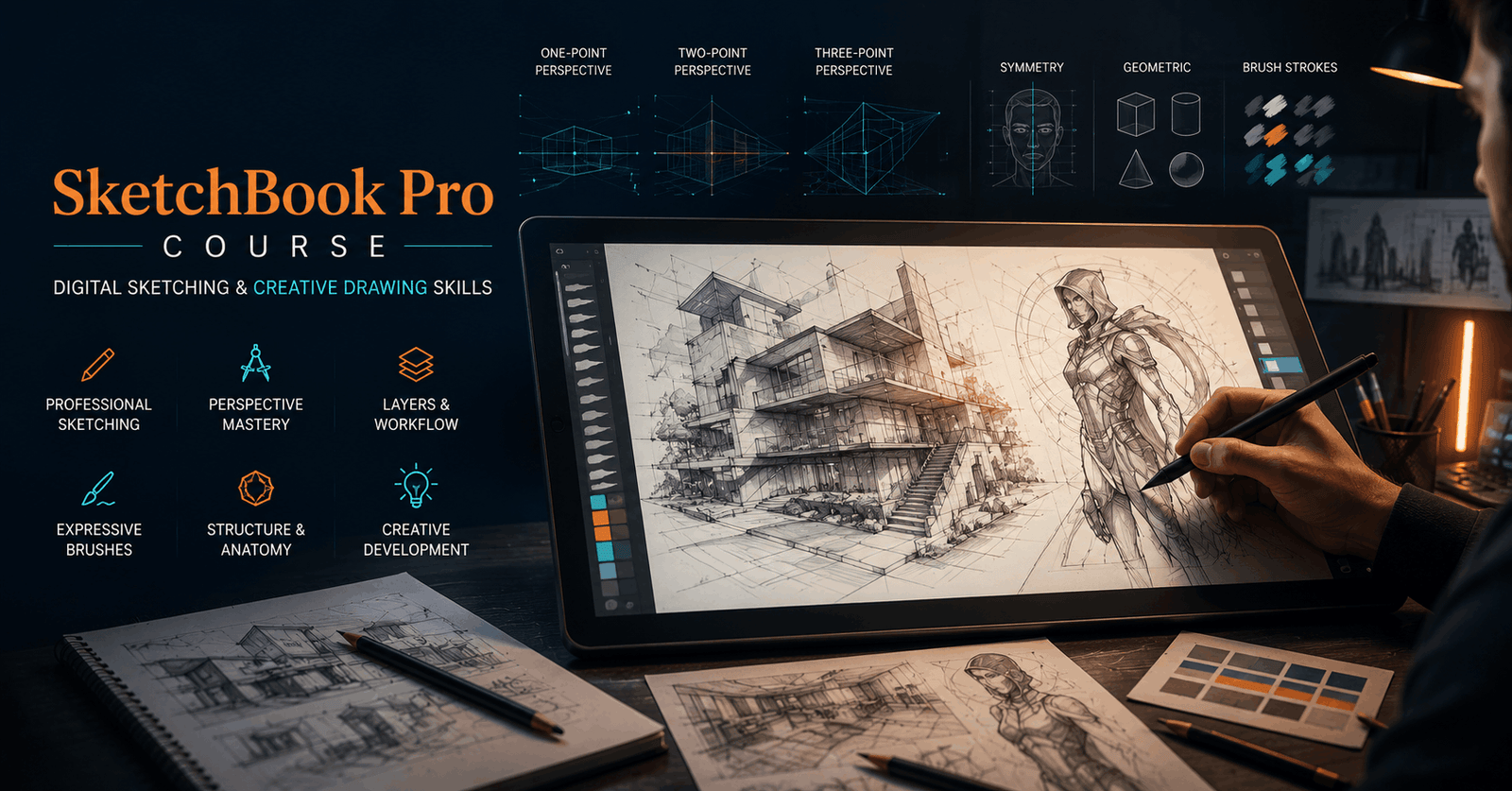 SketchBook Pro Course image showing an artist creating a detailed digital sketch with brushes, layers and perspective guides.