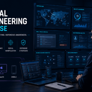 Social Engineering Course banner showing an ethical hacker analysing cyber threats in a secure testing lab.