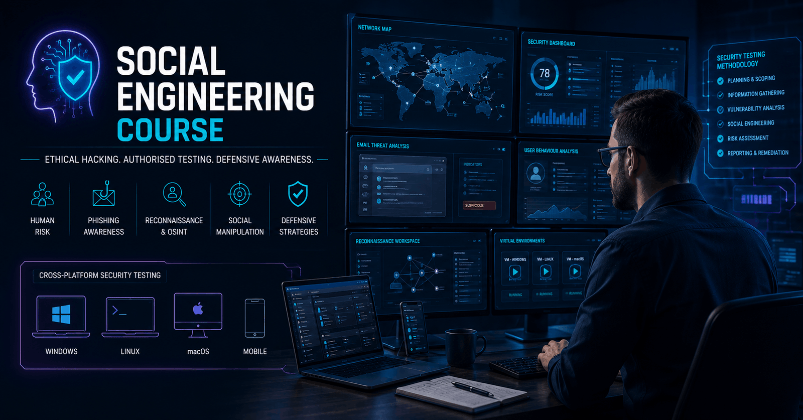 Social Engineering Course banner showing an ethical hacker analysing cyber threats in a secure testing lab.