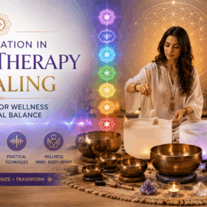 Sound therapy healing session with Tibetan bowls, crystal bowls, and calming spiritual wellness setting