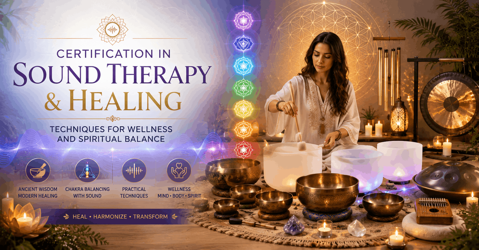 Sound therapy healing session with Tibetan bowls, crystal bowls, and calming spiritual wellness setting