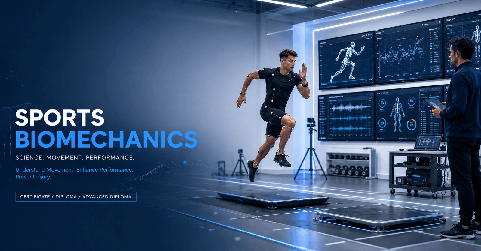 Sports biomechanics expert analysing an athlete's movement using motion capture and performance technology.