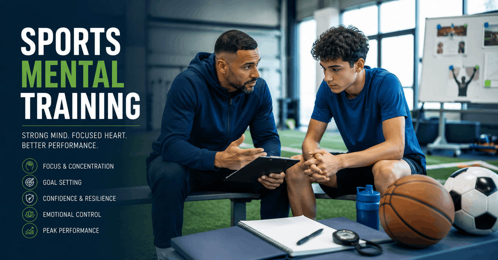 Sports Mental Training coach guiding a young athlete through visualisation and focus exercises before competition