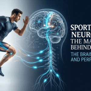 Sports neuroscience concept showing an athlete, human brain, neural pathways and brain-to-muscle communication