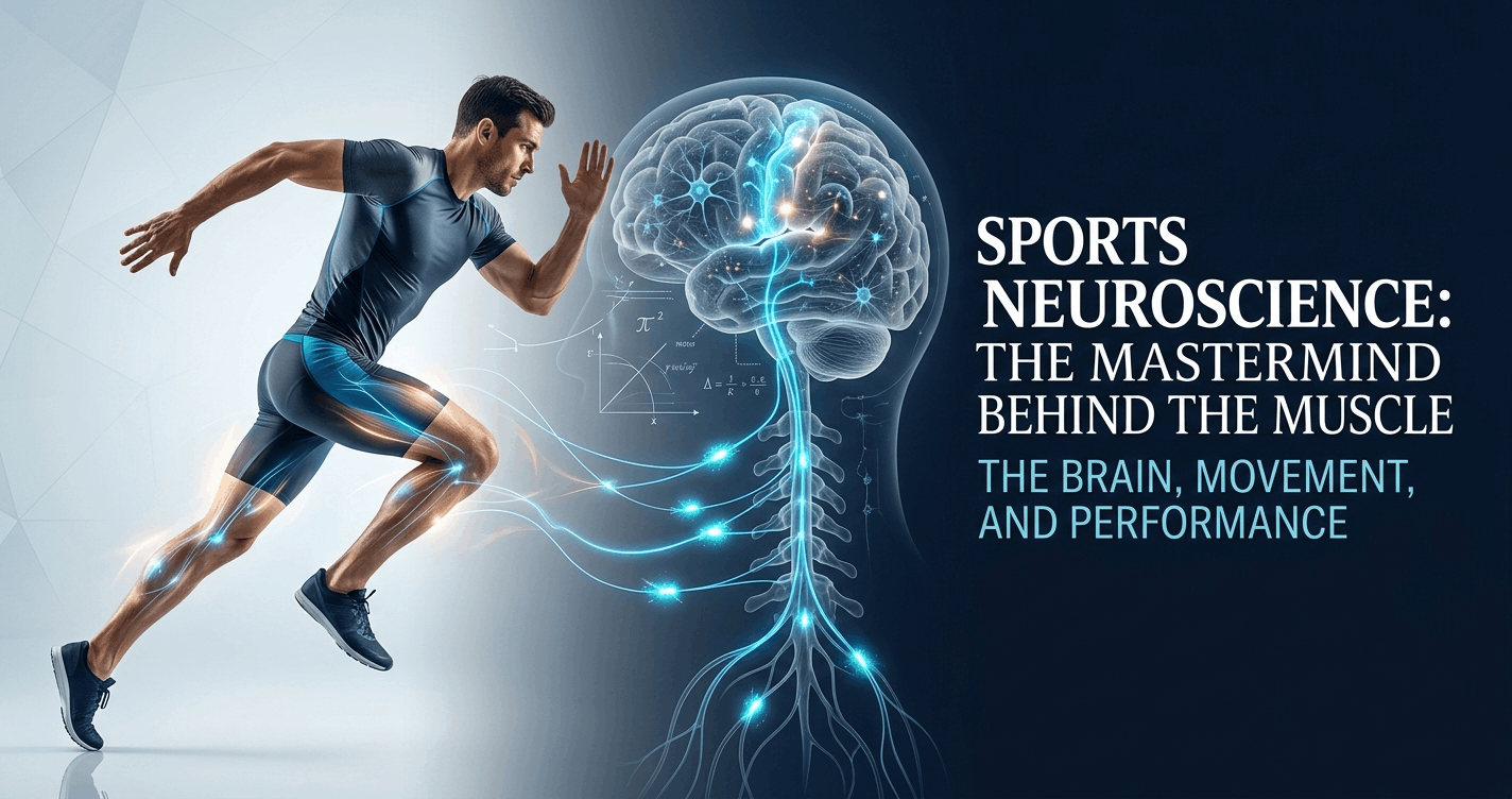 Sports neuroscience concept showing an athlete, human brain, neural pathways and brain-to-muscle communication