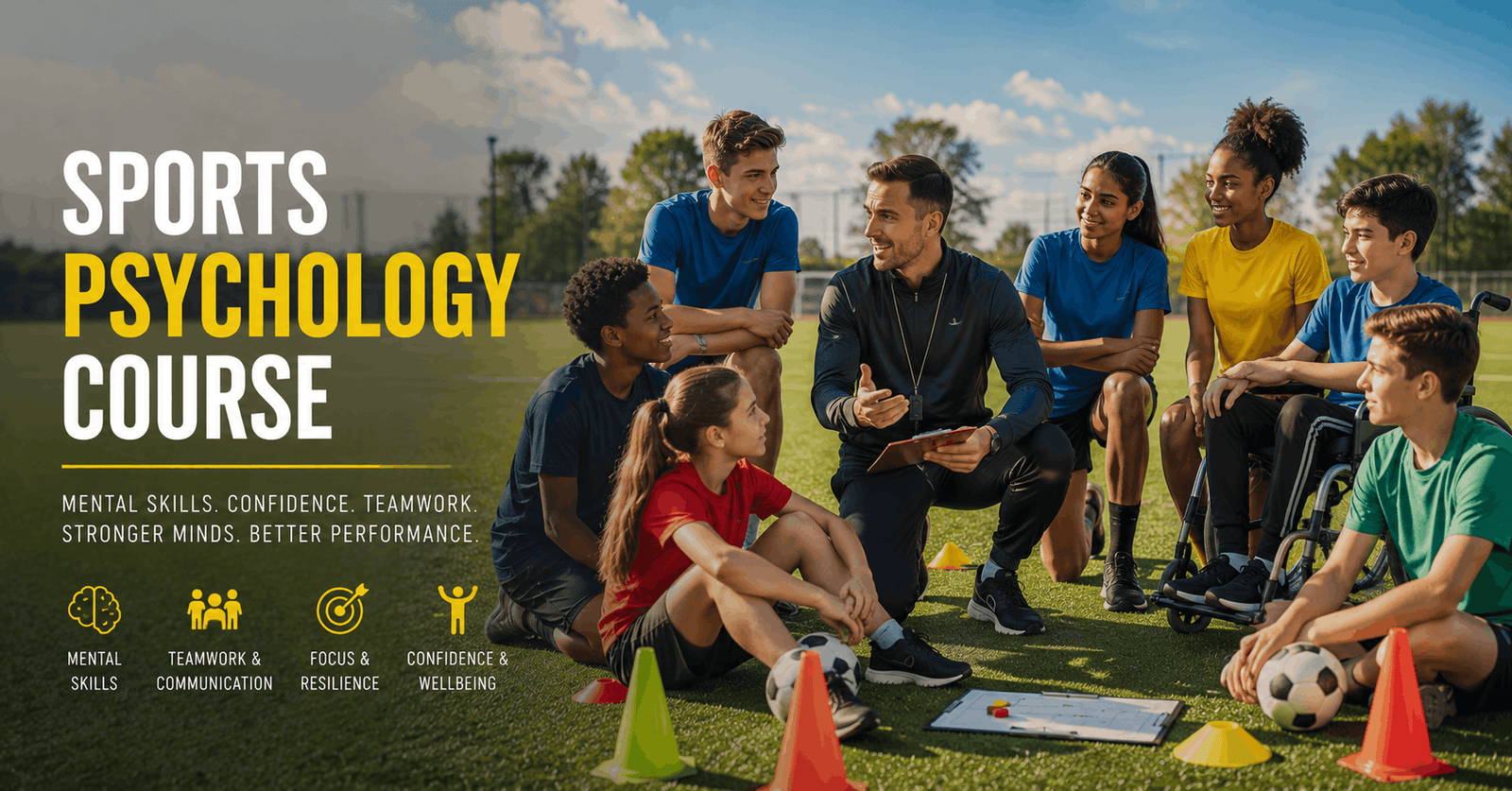 Sports Psychology Course showing a PE teacher supporting students during a sports activity.