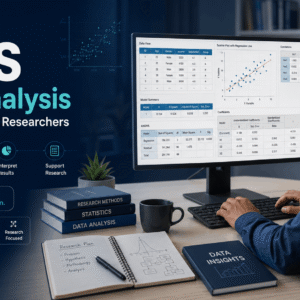 Researcher learning SPSS data analysis using statistical datasets, charts and analytical results on a computer
