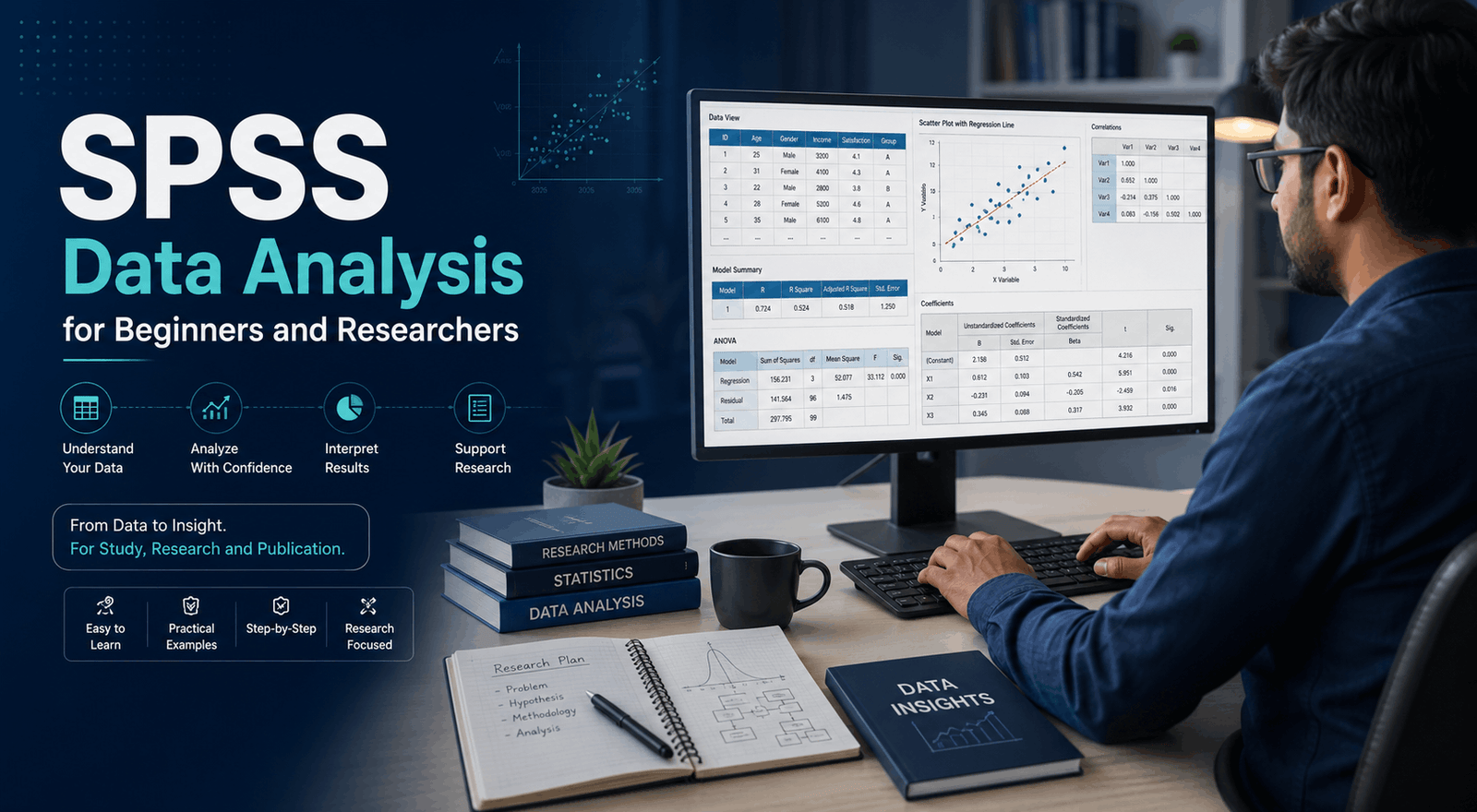 Researcher learning SPSS data analysis using statistical datasets, charts and analytical results on a computer