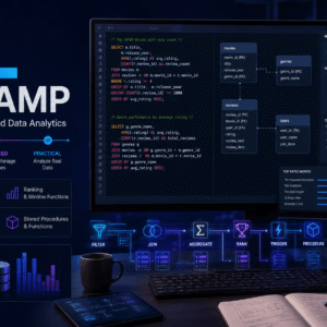 SQL Bootcamp workspace showing database tables, query code, analytics charts and connected data relationships