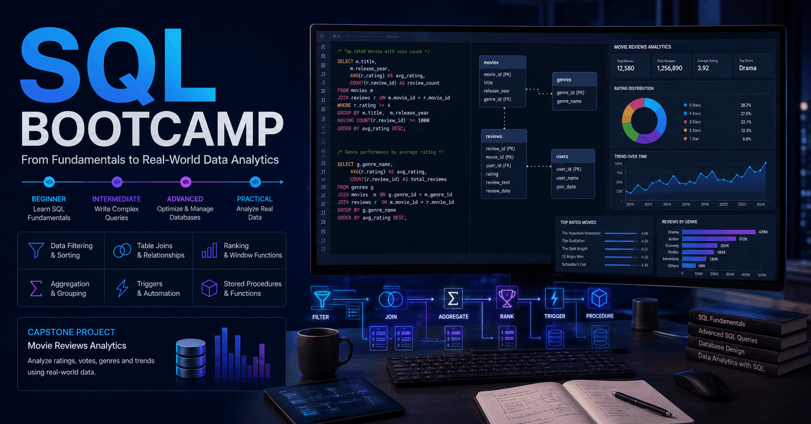 SQL Bootcamp workspace showing database tables, query code, analytics charts and connected data relationships
