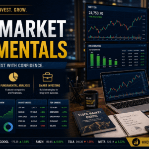 Student learning stock market fundamentals using trading charts, financial graphs, and investment data on multiple screens