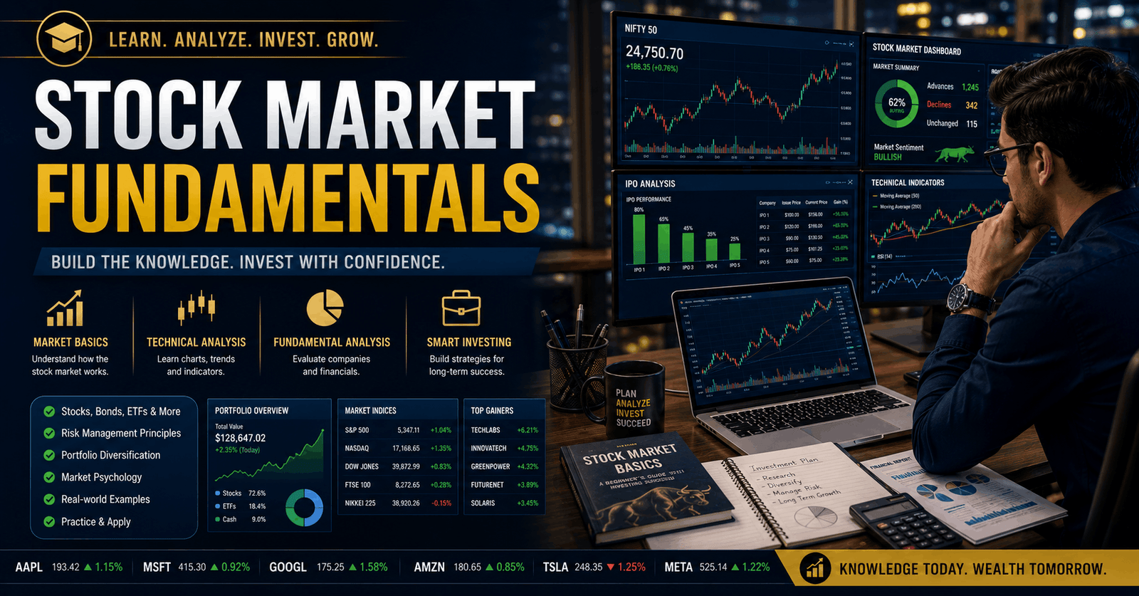 Student learning stock market fundamentals using trading charts, financial graphs, and investment data on multiple screens