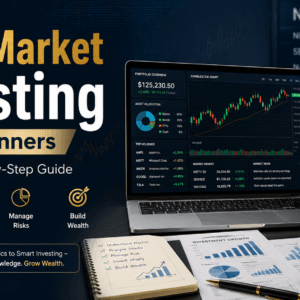 Stock market investing course for beginners showing charts, shares, and financial growth analysis