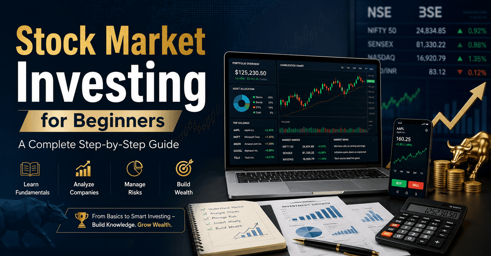 Stock market investing course for beginners showing charts, shares, and financial growth analysis