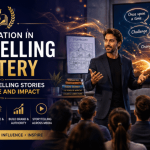 Storytelling mastery course with presenter engaging audience using visual storytelling and creative communication