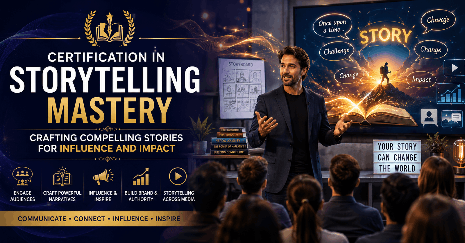 Storytelling mastery course with presenter engaging audience using visual storytelling and creative communication