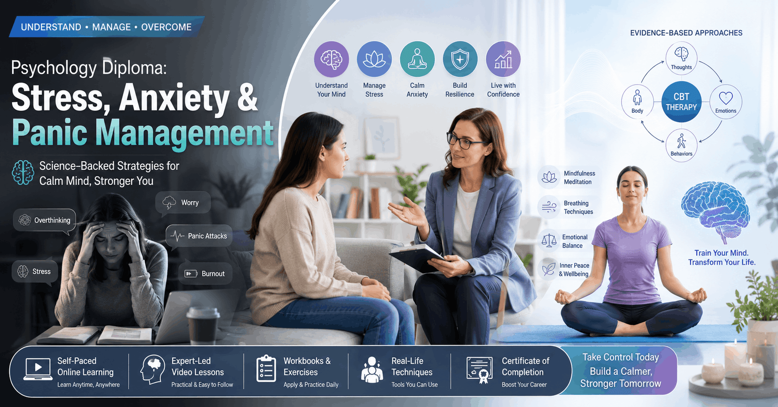 Stress Anxiety Course showing mental wellness, stress management techniques, mindfulness, and emotional balance strategies