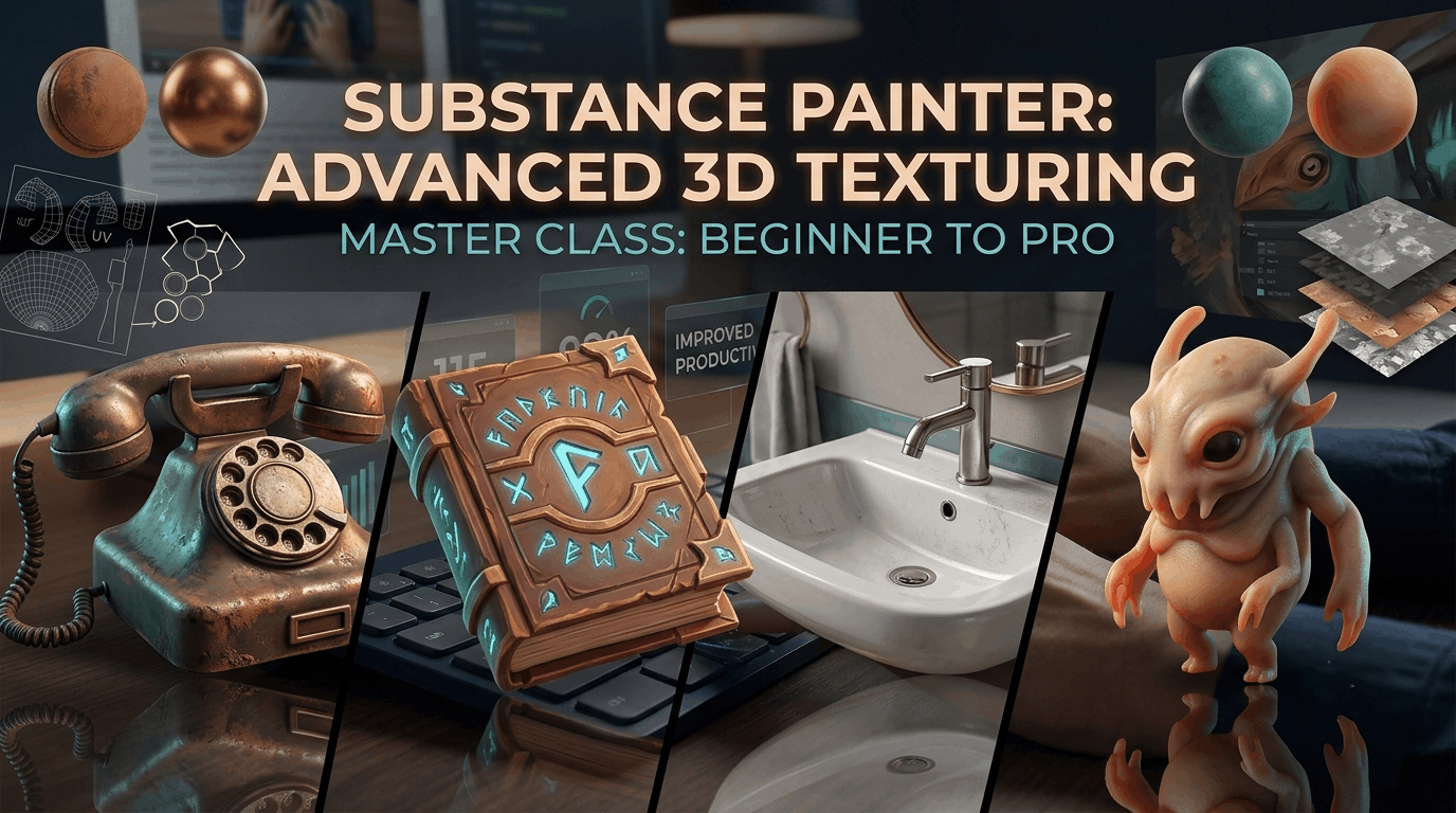 Substance Painter course artwork showing realistic PBR and hand-painted 3D assets in a professional texturing workspace.