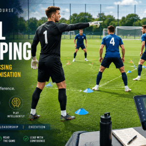 Tactical goalkeeping session showing a goalkeeper organising defenders and adjusting positioning within a team system.
