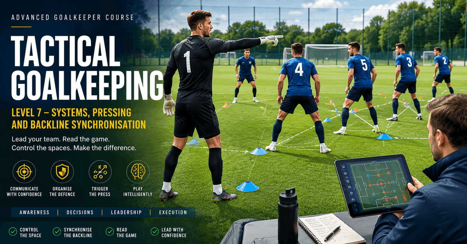 Tactical goalkeeping session showing a goalkeeper organising defenders and adjusting positioning within a team system.