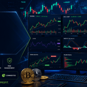 Professional course banner for Technical Analysis Trading with stock charts, crypto graphs, and trading indicators
