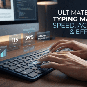 Touch Typing Course image showing hands typing quickly on a modern keyboard with speed and accuracy indicators.