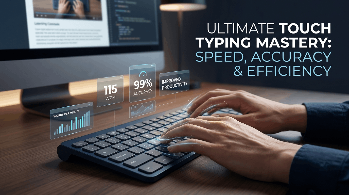 Touch Typing Course image showing hands typing quickly on a modern keyboard with speed and accuracy indicators.