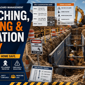 Construction workers following trenching safety training with shoring systems and excavation safety measures onsite