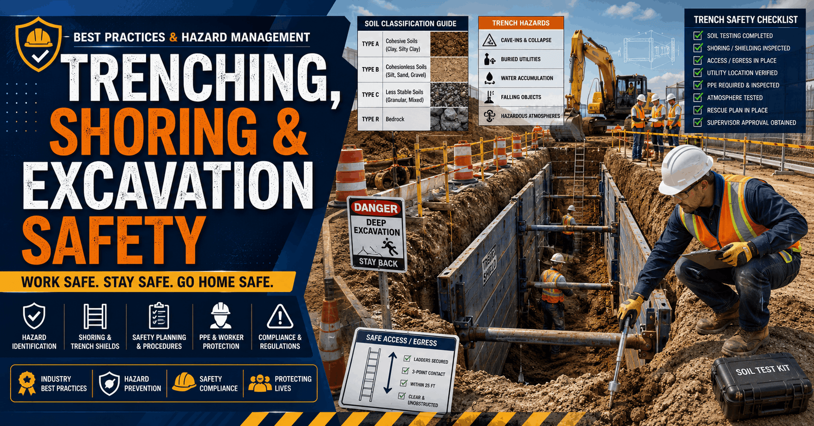 Construction workers following trenching safety training with shoring systems and excavation safety measures onsite