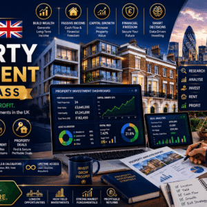 UK property investment course showing London properties, financial charts, and investment analysis tools