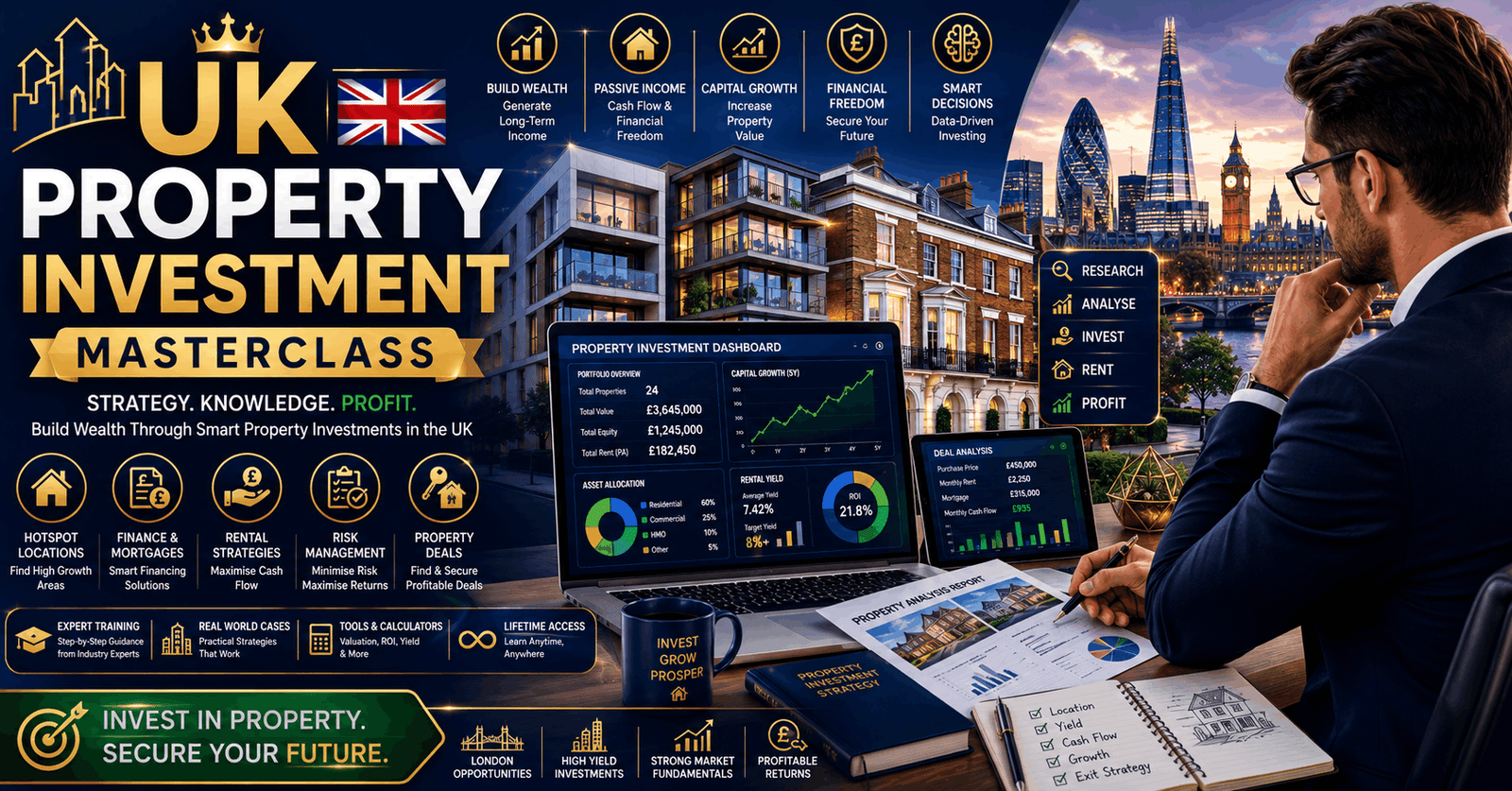UK property investment course showing London properties, financial charts, and investment analysis tools