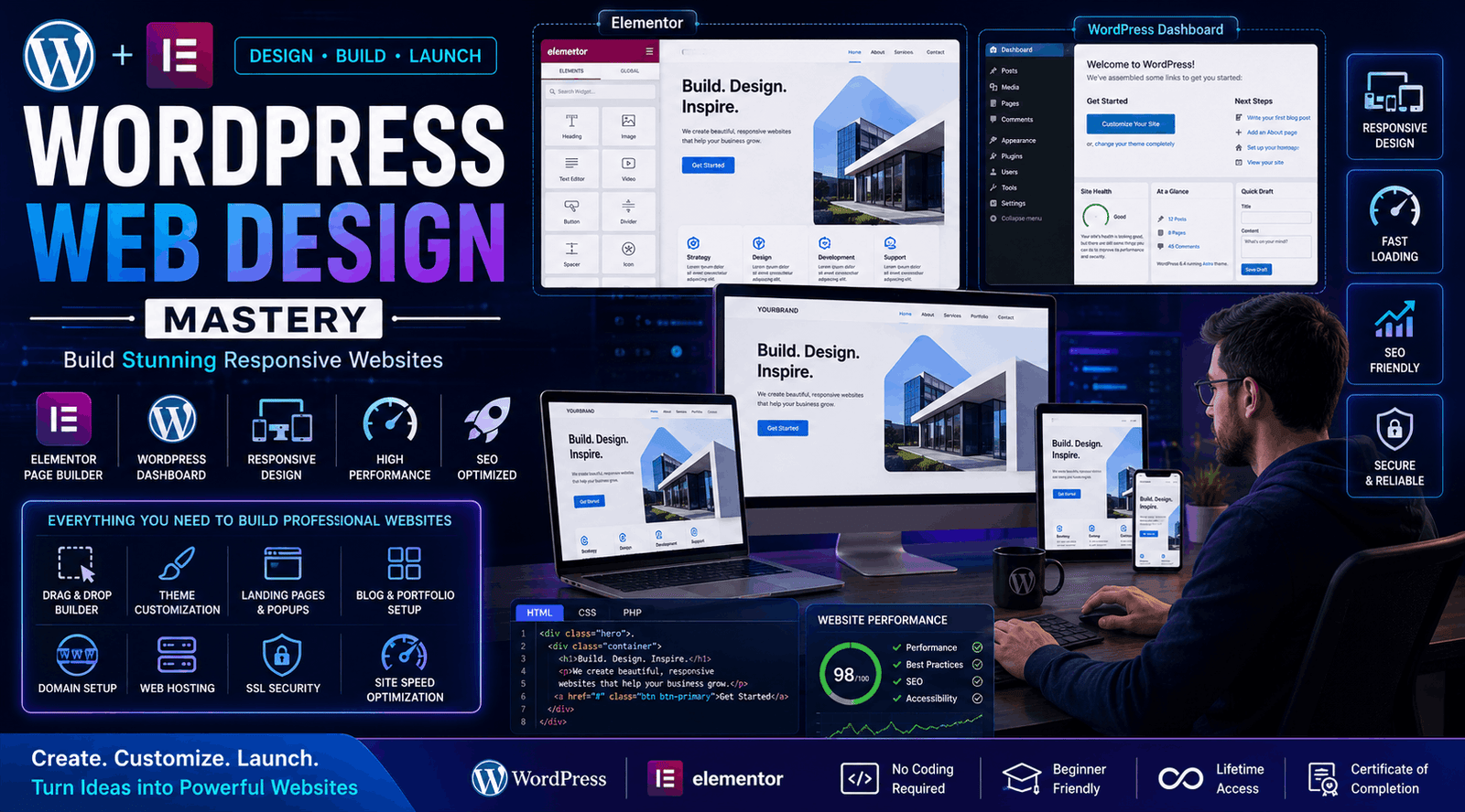 WordPress Web Design Course showing Elementor editor, responsive layouts, website design tools, and modern UI development