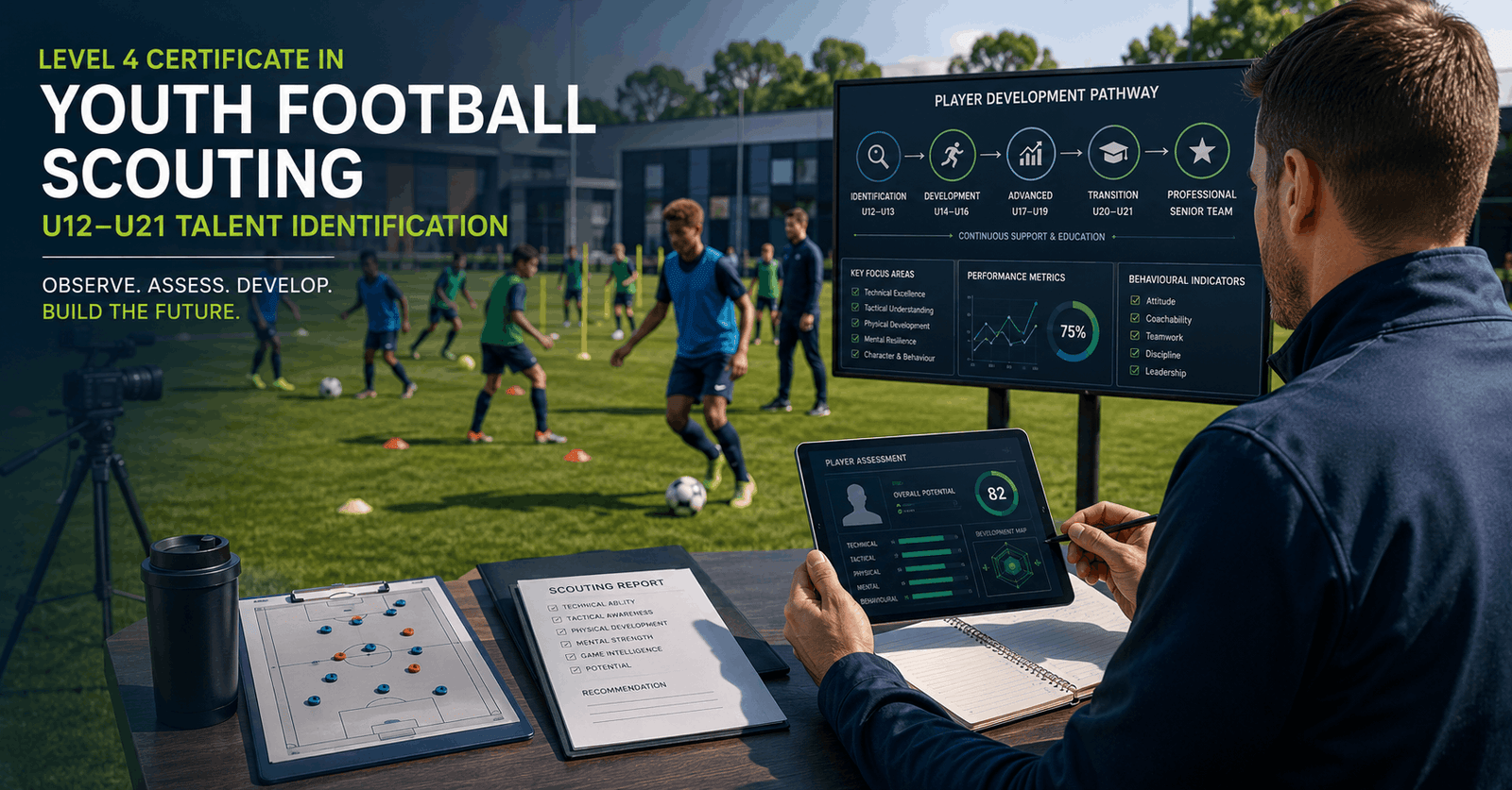 Youth Football Scouting professional observing academy players and recording talent identification notes.