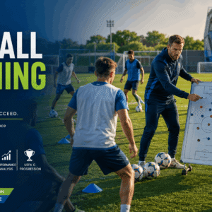Football Coaching Course instructor leading players through a practical Level 2 and UEFA C training session on the pitch.