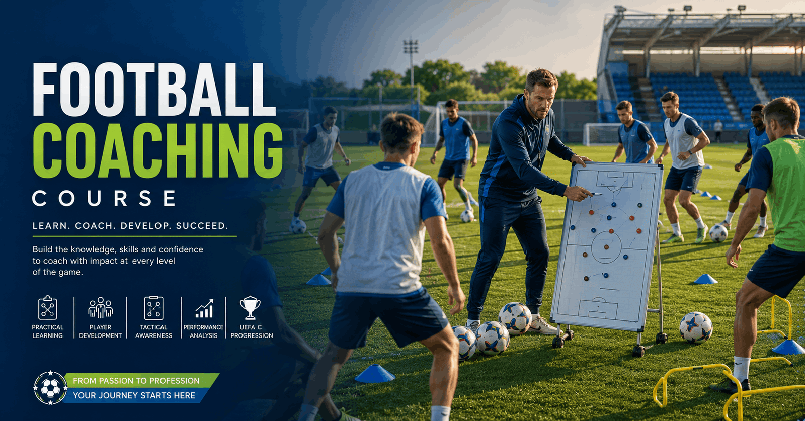Football Coaching Course instructor leading players through a practical Level 2 and UEFA C training session on the pitch.