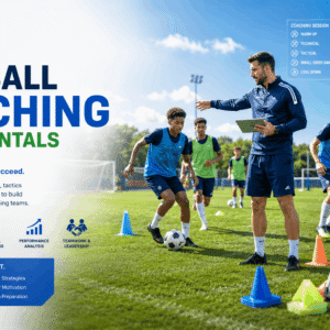 Football coaching fundamentals session with a coach leading technical drills and tactical instruction on the pitch.