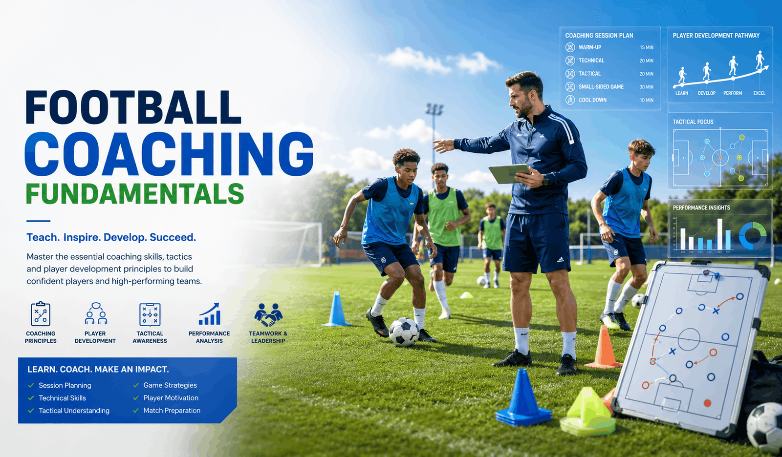 Football coaching fundamentals session with a coach leading technical drills and tactical instruction on the pitch.