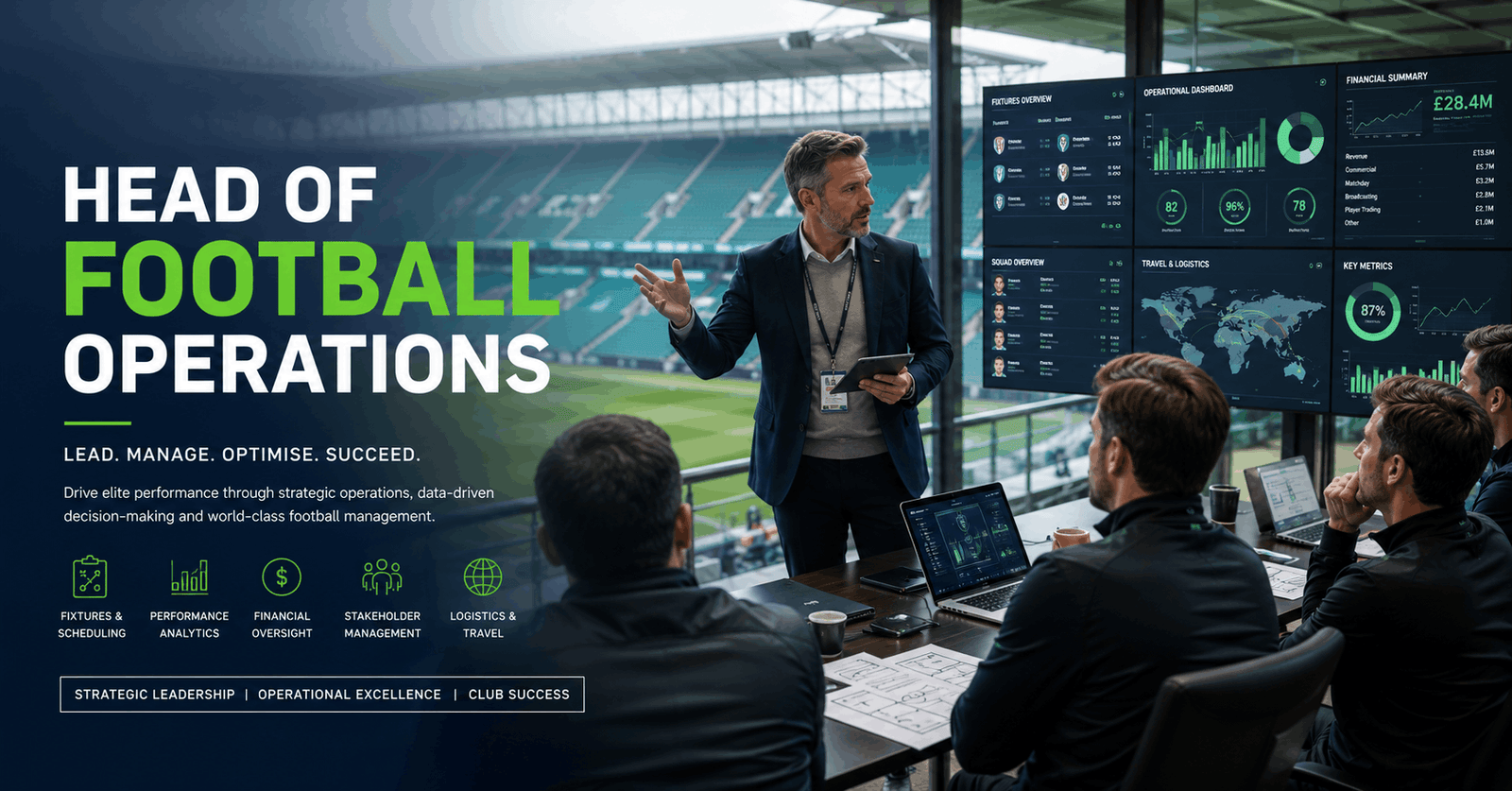 Head of Football Operations executive managing football club strategy and matchday operations in a professional stadium.