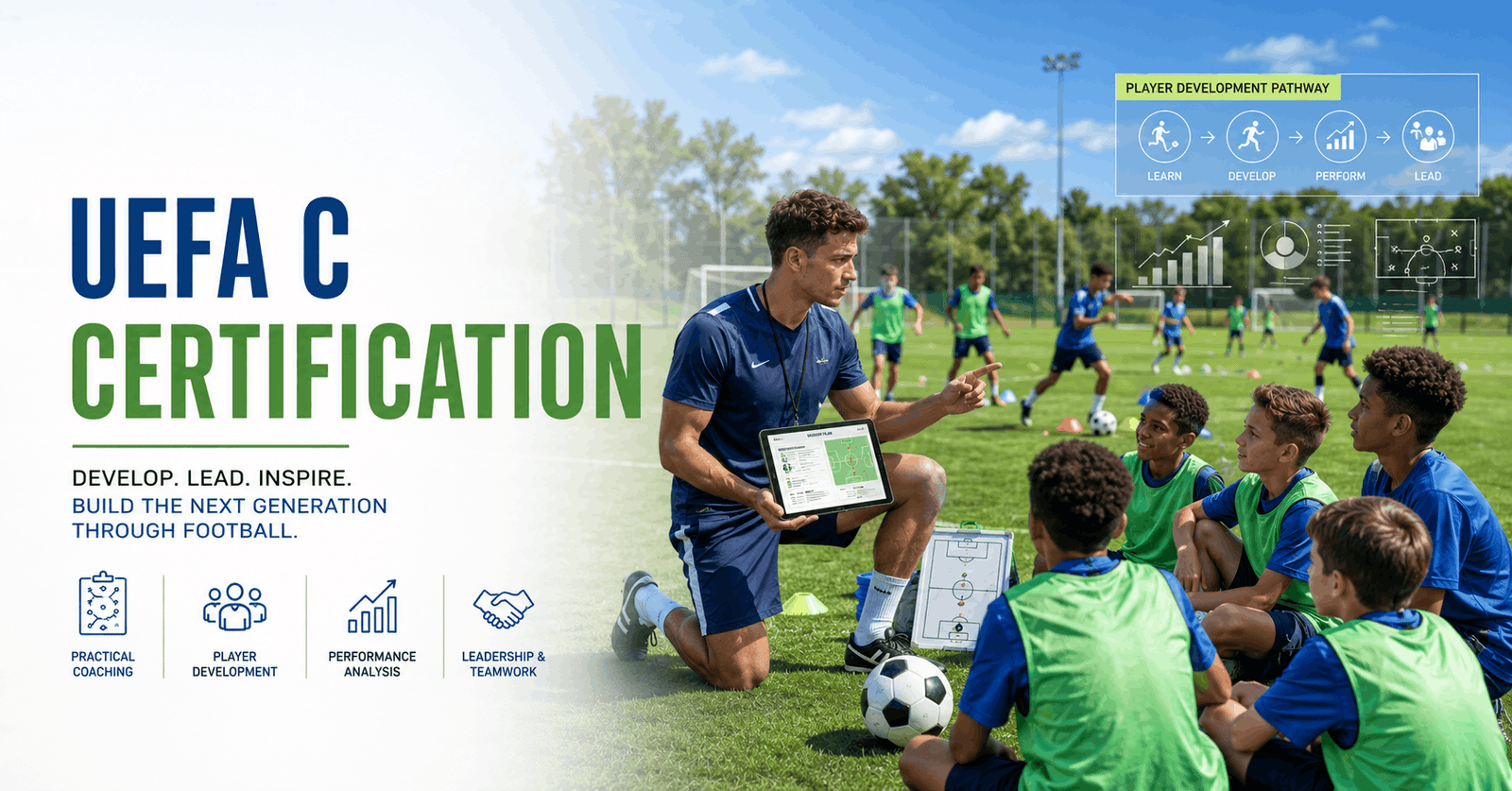 UEFA C certification football coach leading community players through practical coaching drills on a football pitch.