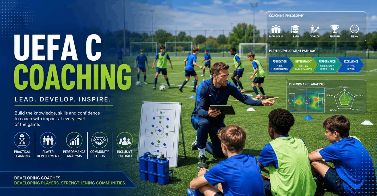UEFA C coaching session with a football coach leading players through practical drills on a community football pitch.