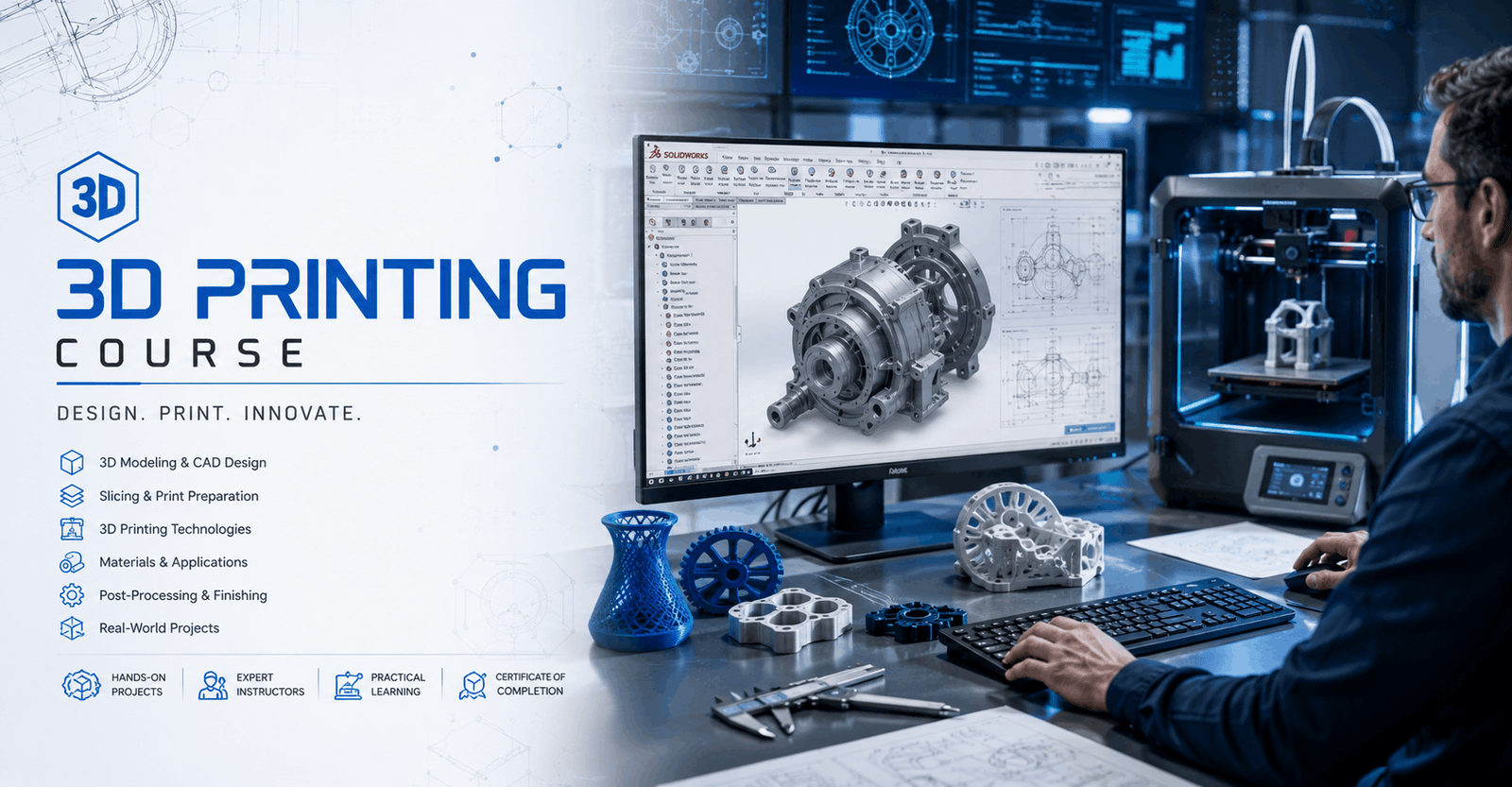 3D Printing Course showing SolidWorks design, CAD models, 3D printer, and realistic manufacturing workflow.